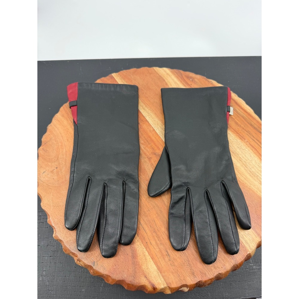 Nine West Genuine Leather Gloves Womens L Black Red Contrast Lined RN 17541